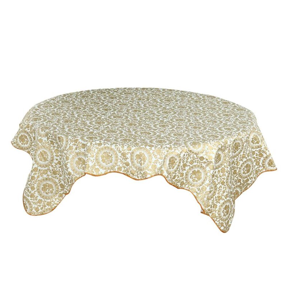 Seamless Waterproof Vinyl Round Tablecloth 60" Dia Tablecloth Gold Floral Print